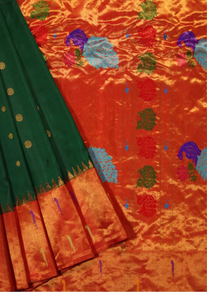 Signature Handloom Paithani: Double Muniya Kath, All-Over Butti, & Fancy Pallu