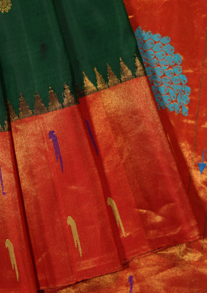 Signature Handloom Paithani: Double Muniya Kath, All-Over Butti, & Fancy Pallu