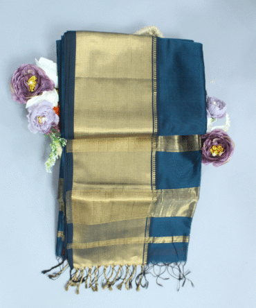 Steel Blue Maheshwari Pure Handloom Silk Full Big Border Cotton Saree