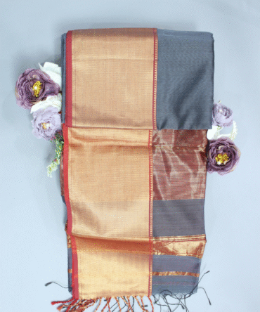 Steel Gray Maheshwari Pure Handloom Silk Full Big Border Cotton Saree