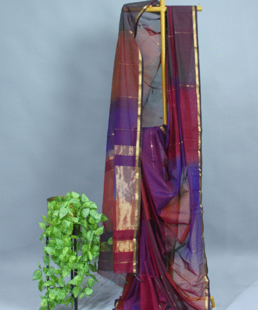 Hot chocolate - Wine Maheshwari Pure Handloom Silk Dual Shaded Diamond Butti Cotton Saree