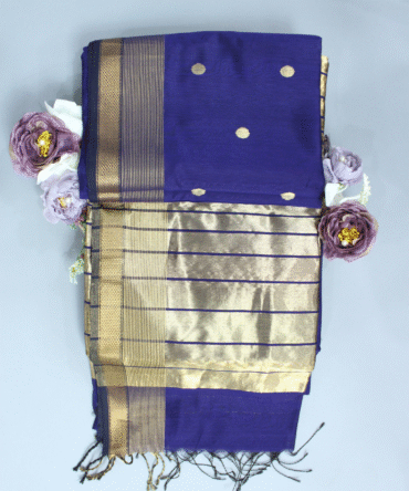 Royal Blue Maheshwari Pure Handloom Silk Circle Butti Cotton Saree