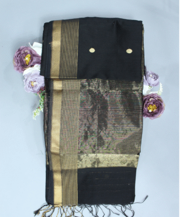 Black Maheshwari Pure Handloom Silk Circle Butti Cotton Saree