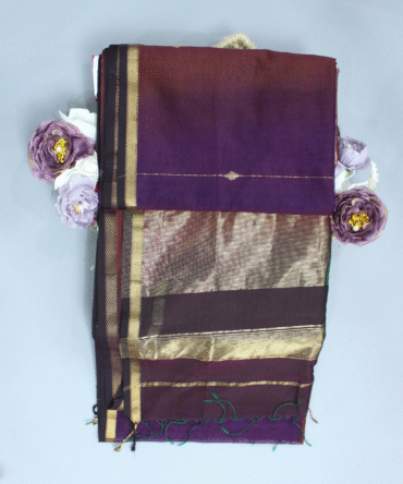 Plum - Grape Maheshwari Pure Handloom Silk Dual Shaded Diamond Butti Cotton Saree