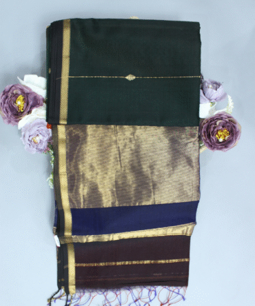 Navy Blue - Green Maheshwari Pure Handloom Silk Dual Shaded Diamond Butti Cotton Saree