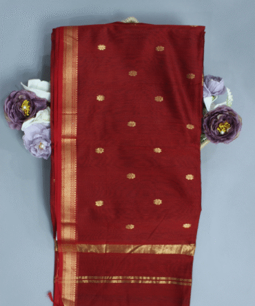 Maroon Maheshwari Pure Handloom Silk Multi-Butti Small Border Cotton Saree