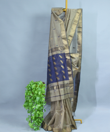 Navy Blue & Cream Contrast Maheshwari Pure Handloom Silk Big Flower Work-Butti Cotton Saree